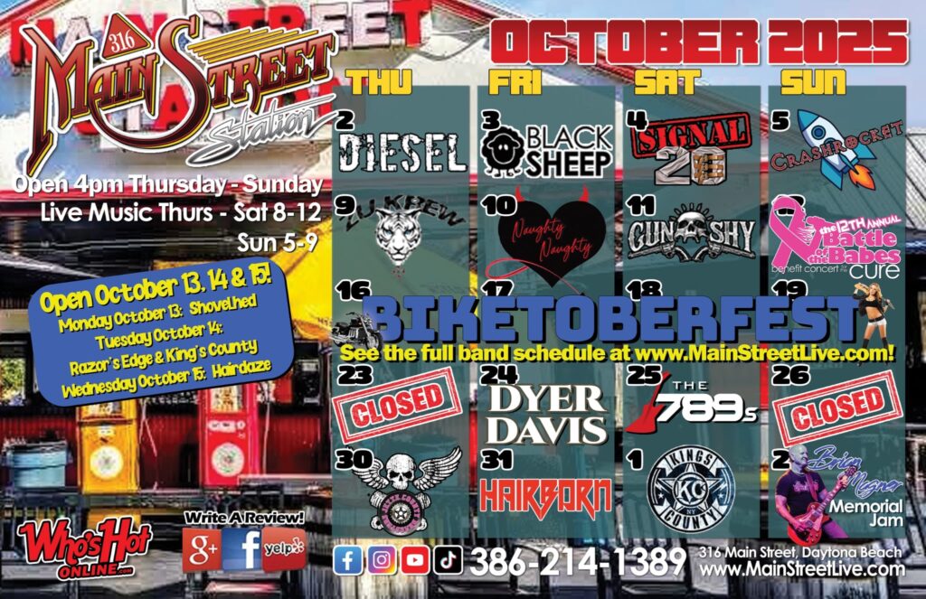 Main Street Station Daytona Beach October Live Music Line Up Calendar