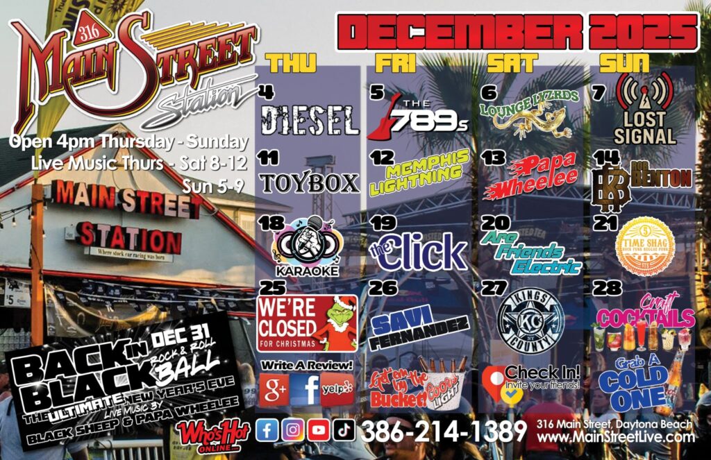 live music schedule main street station daytona beach florida december 2025